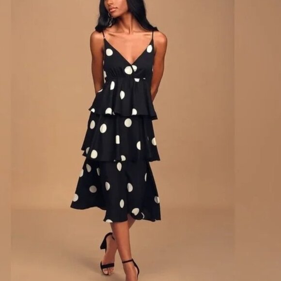 O.P.T. Size Large Cava Black White Polka Dot Tiered Midi Dress - Picture 1 of 8